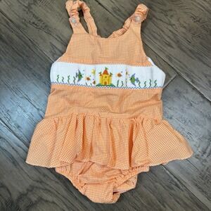 Toddler Girls 4T Orange Gingham Hand‎ Smocked Silly Goose One-Piece Suit Outfit